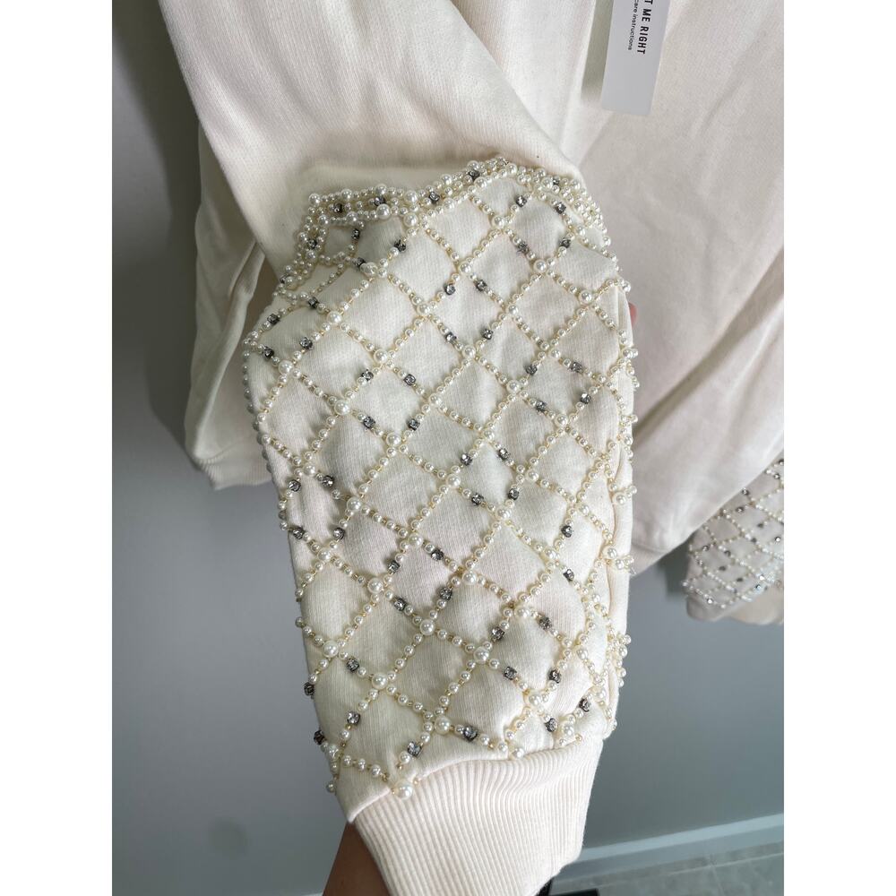 NEW Express Embellished Sweatshirt Womens S Ivory Rhinestone & Faux Pearl Crew - Picture 8 of 11